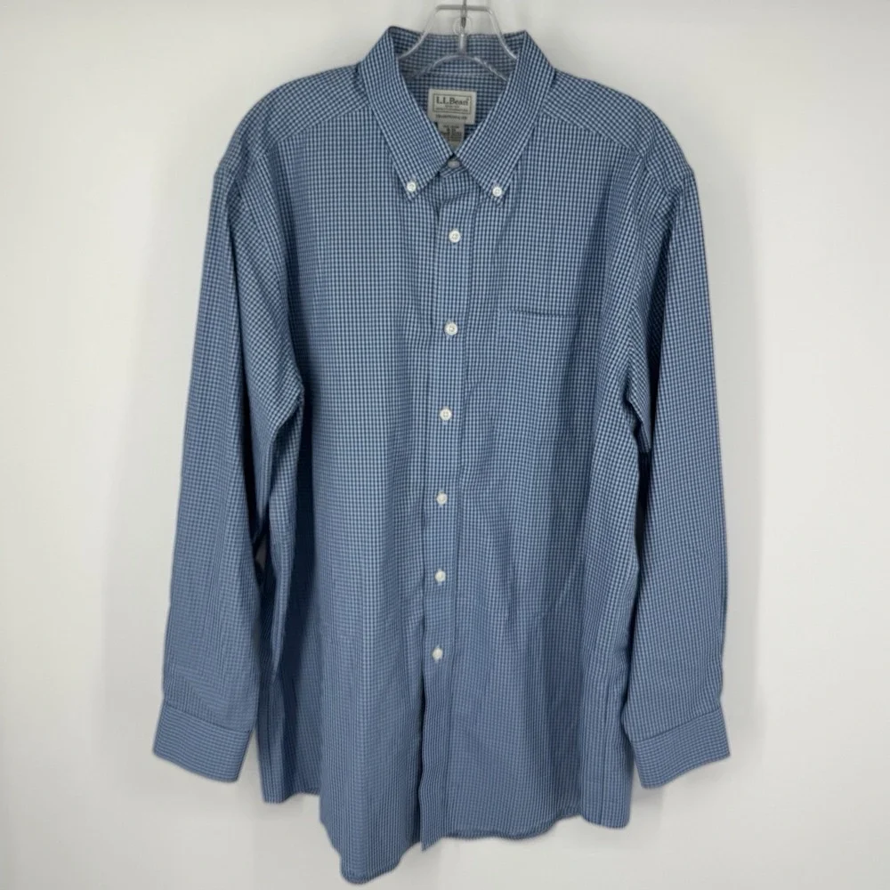 L.L. Bean Blue Gingham Button Down Shirt Men 16-33 Traditional Fit Cotton Office